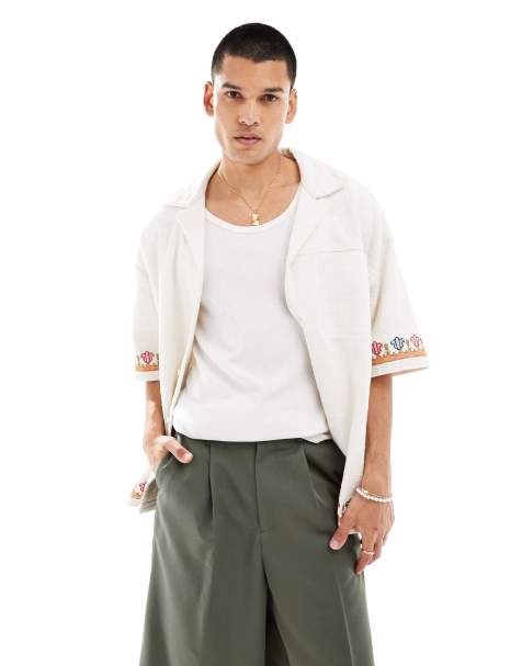Reclaimed Vintage oversized revere shirt with embroidery in white - view 1