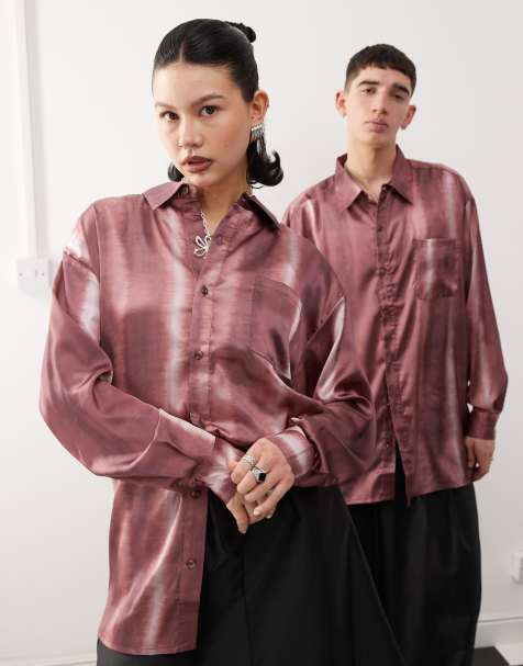 Reclaimed Vintage - Oversized satijnen overhemd in bordeauxrode tie-dye - view 1