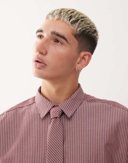 Reclaimed Vintage oversized shirt with tie in burgundy stripe