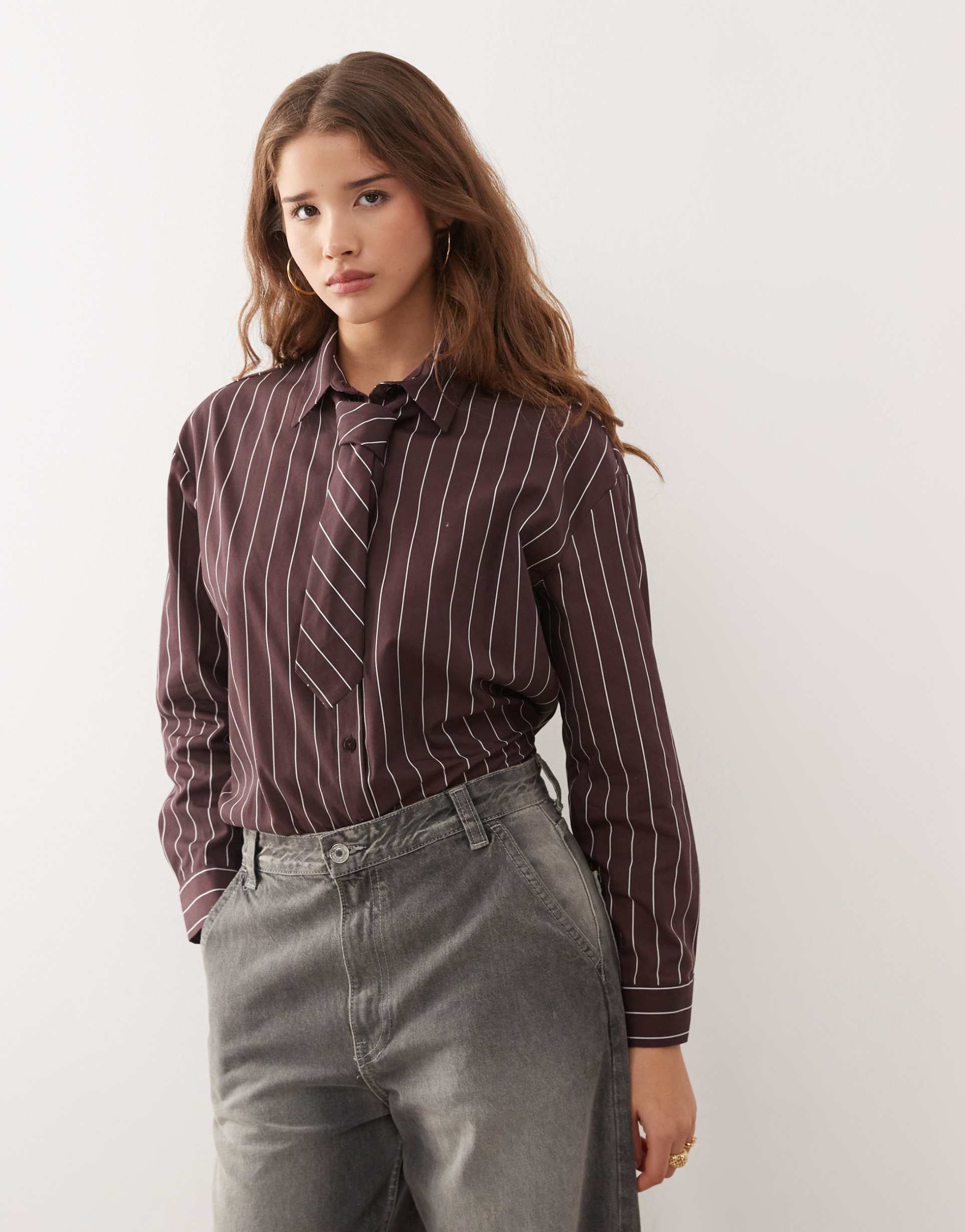 reclaimed vintage oversized shirt with tie in plum pinstripe