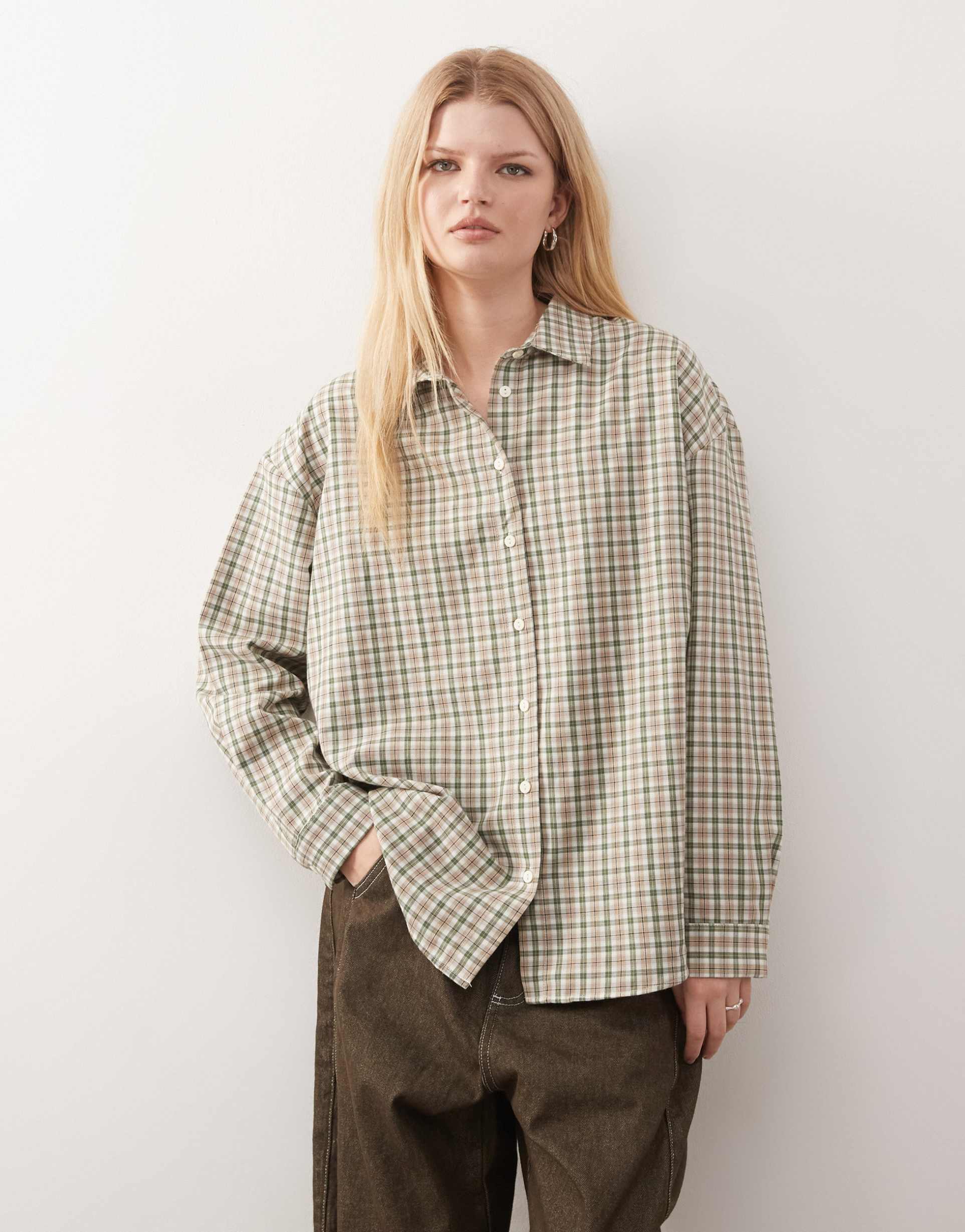 reclaimed vintage oversized shirt with vented back in green gingham plaid