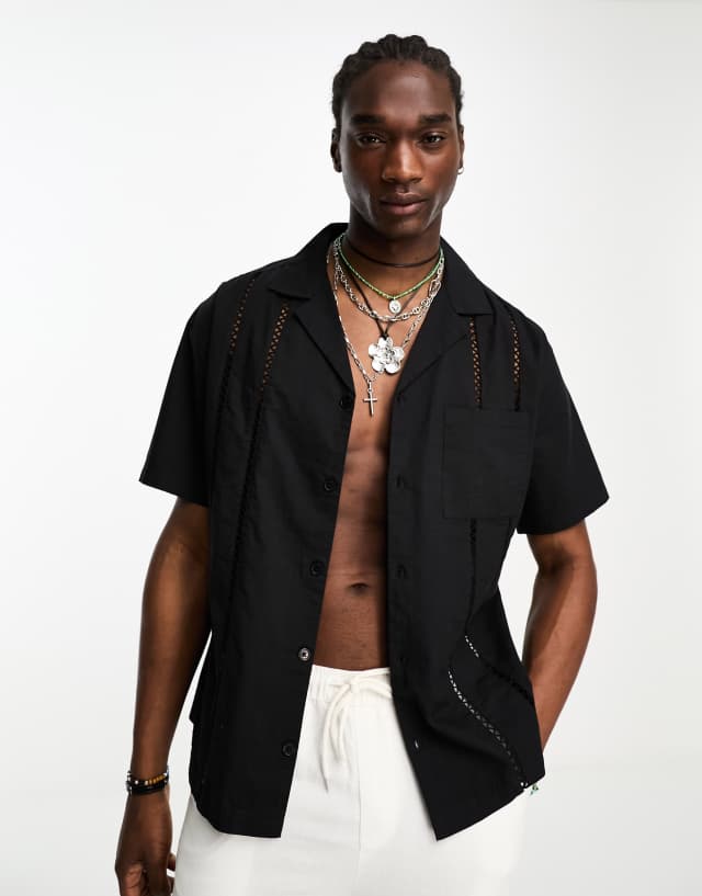 Reclaimed Vintage oversized short sleeve shirt with lace trim in black