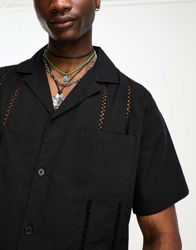Reclaimed Vintage oversized short sleeve shirt with lace trim in black 0