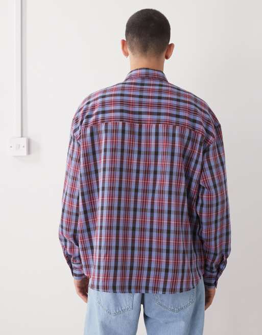 Reclaimed Vintage - Oversized skjorte med slips, lange ærmer og blå og røde tern i børstet stof, 3 af 5
