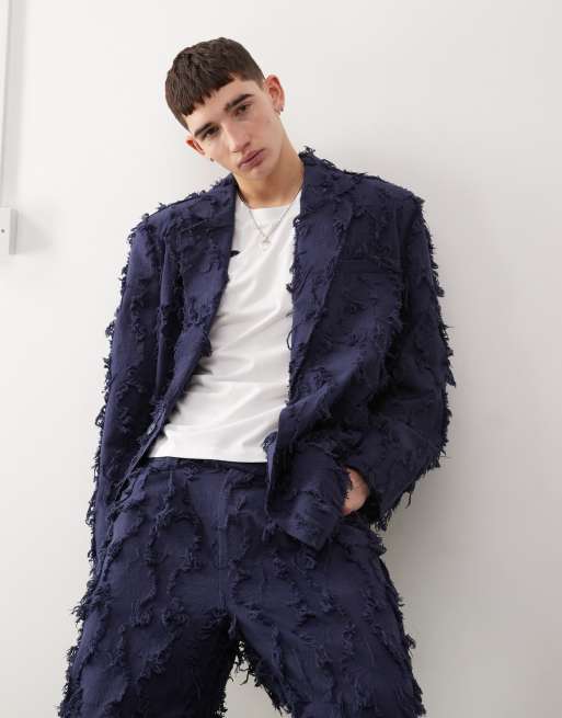 Reclaimed Vintage oversized suit jacket in navy with fraying - part of a set, 5 of 5