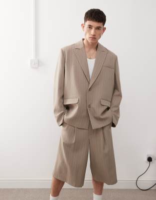 Reclaimed Vintage Reclaimed Vintage oversized summer blazer in beige pinstripe-Grey