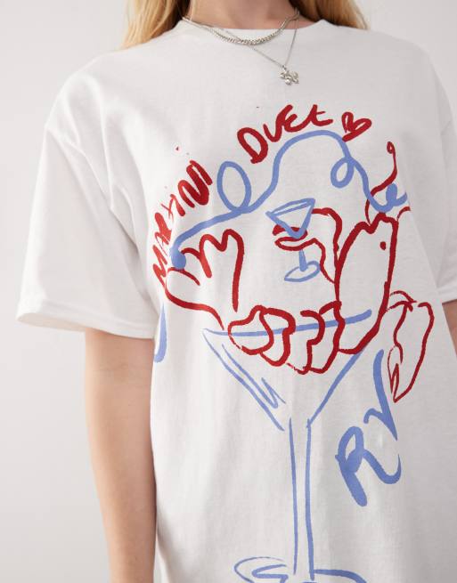 Reclaimed Vintage - Oversized T-shirt met cocktailprint in wit, 4 van 4