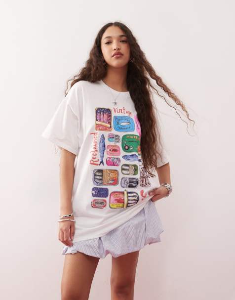 Reclaimed Vintage oversized t-shirt with fish postcard print in white - view 1