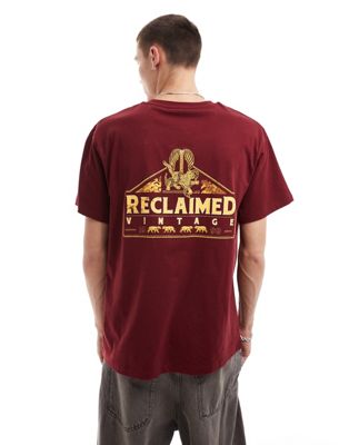 Reclaimed Vintage oversized t-shirt with leopard and logo back graphic in burgundy
