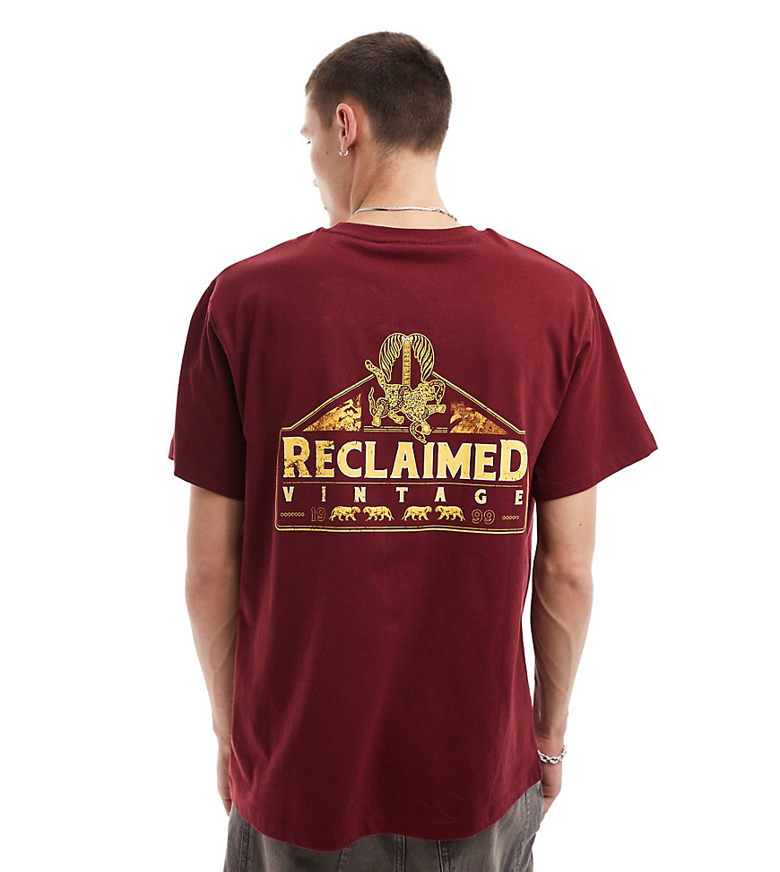 Reclaimed Vintage oversized t-shirt with leopard and logo back graphic in burgundy-Red