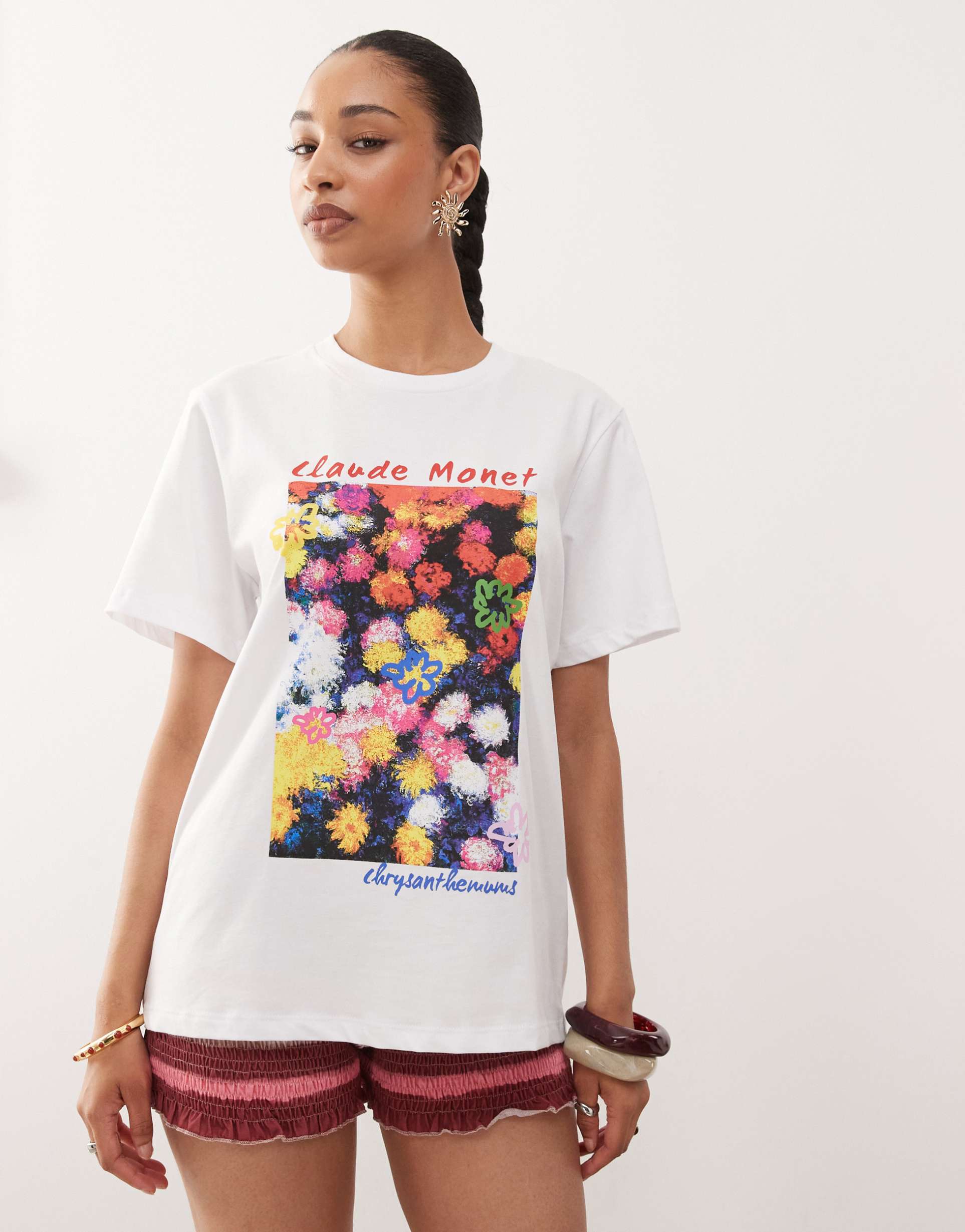 reclaimed vintage oversized t-shirt with licensed monet flower print in white