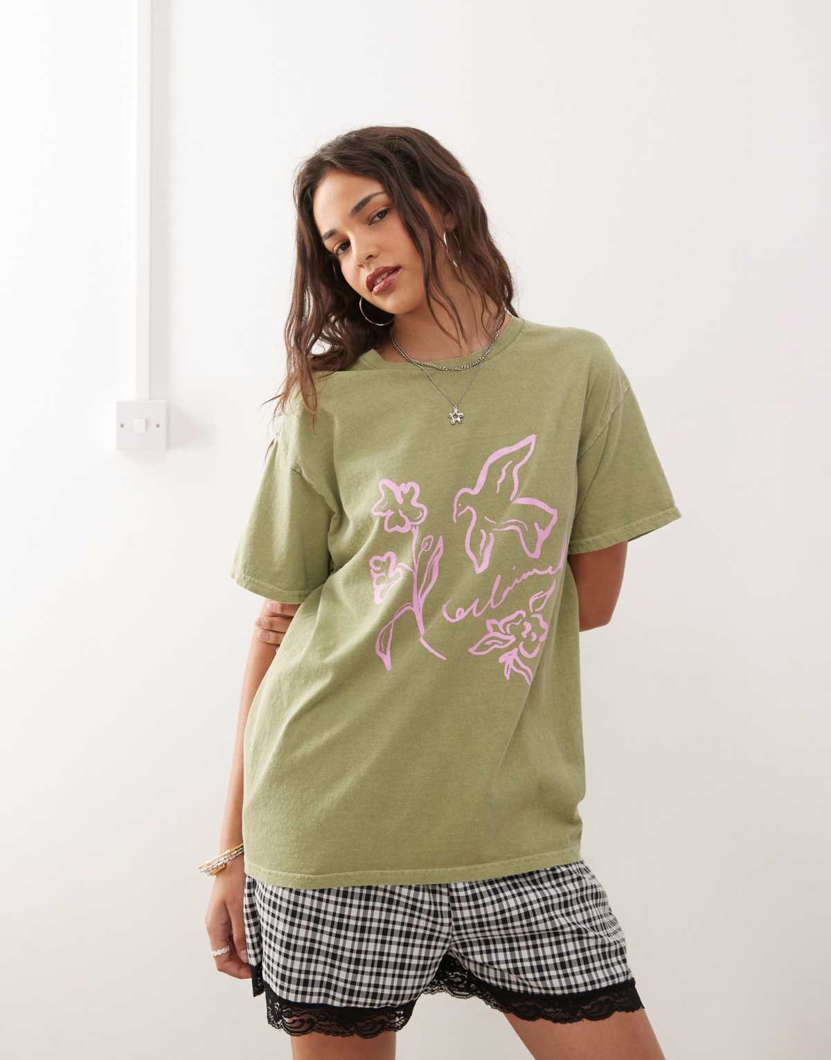 Reclaimed Vintage oversized t-shirt with pink bird print in green