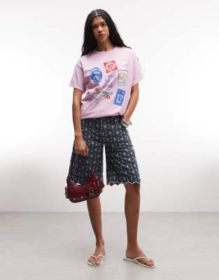 Reclaimed Vintage Oversized T-shirt With Postage Stamp Print In Pink