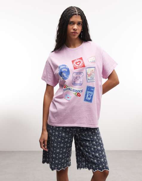 Reclaimed Vintage oversized T-shirt with postage stamp print in pink - view 1