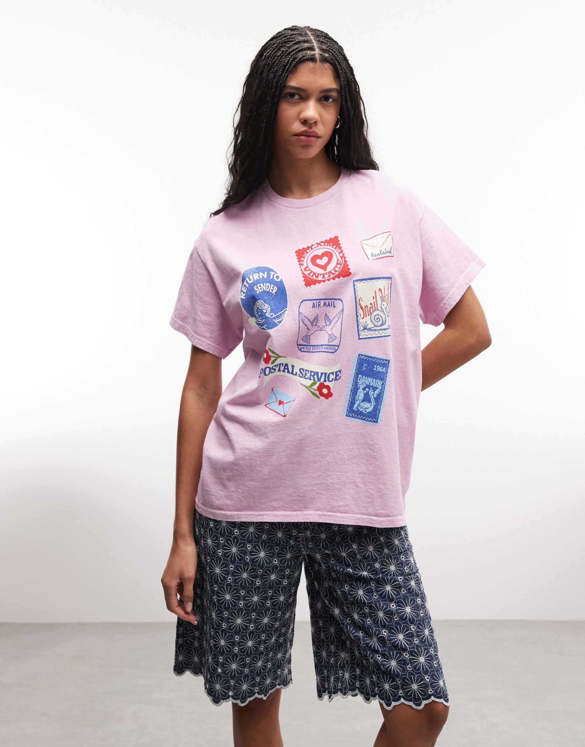 reclaimed vintage oversized t-shirt with postage stamp print in pink