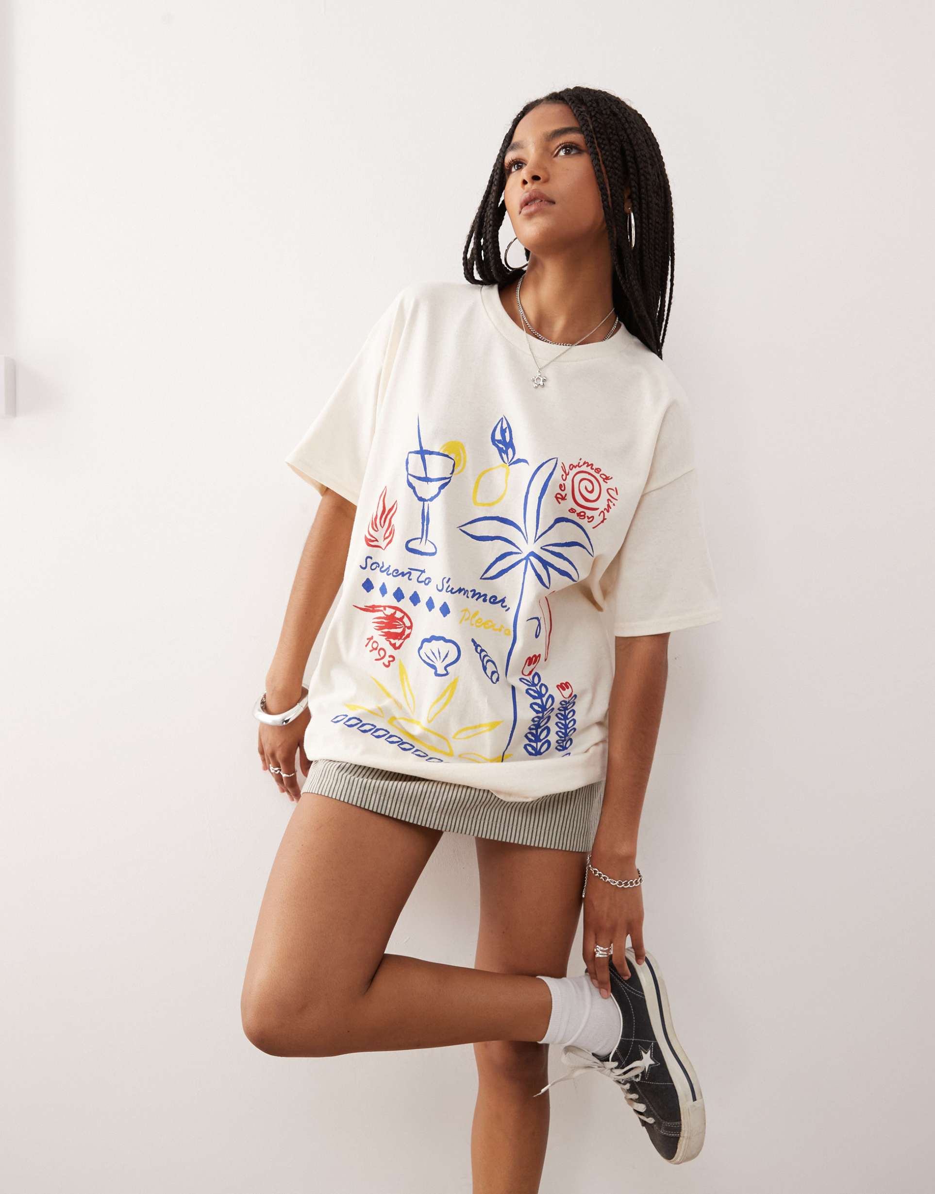 reclaimed vintage oversized t-shirt with vacation doodle print in butter yellow
