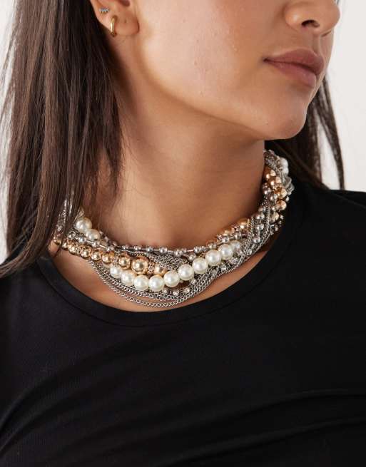 Reclaimed Vintage oversized tangled necklaces in silver tone, gold tone and faux pearl
