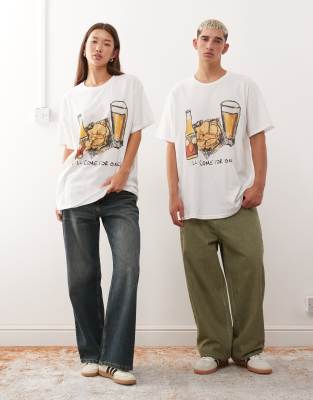 Reclaimed Vintage Oversized Tee With Drinks Graphic In White