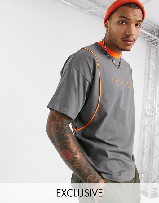 Reclaimed Vintage oversized tshirt in grey with orange piping and branding