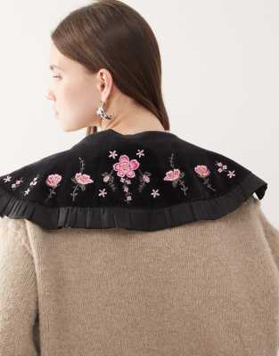 Reclaimed Vintage Oversized Velvet Collar With Floral Embroidery In Black