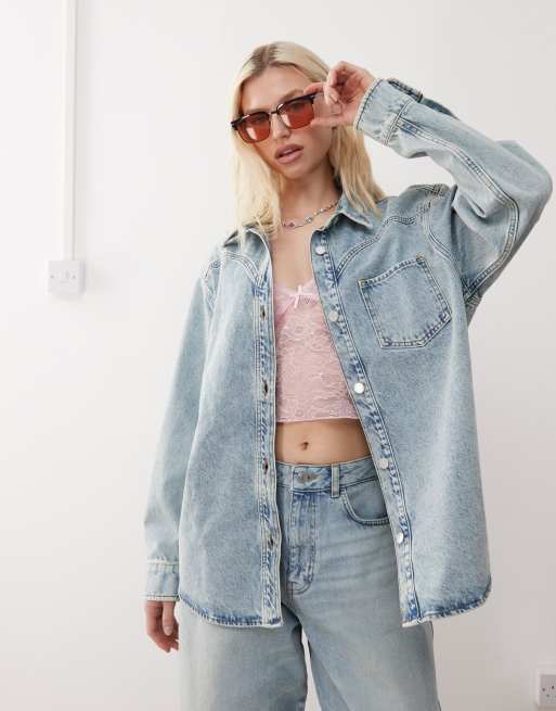 Reclaimed Vintage - Oversized western denim shacket in bleekwassing, deel van co-ord set