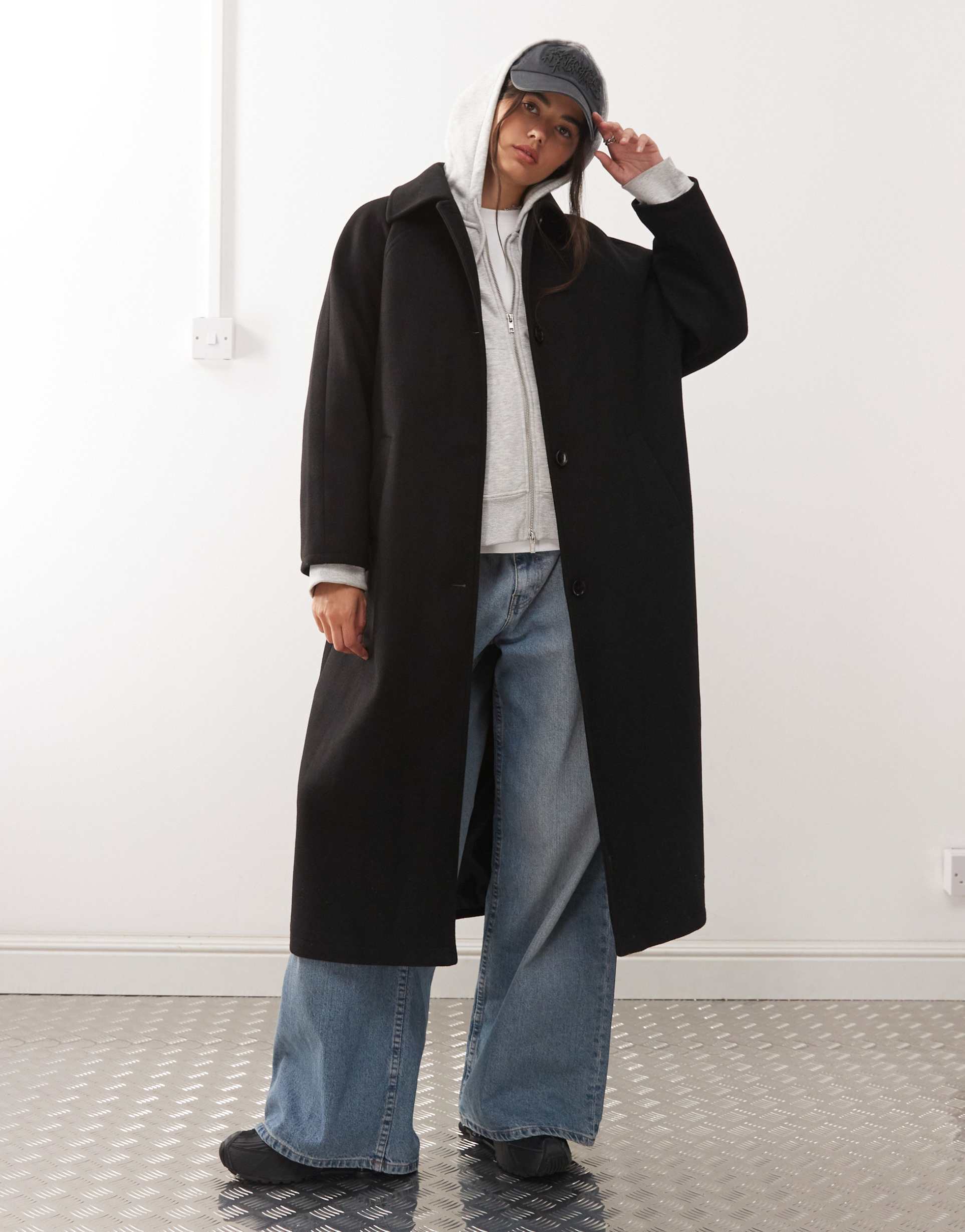 reclaimed vintage oversized wool look dad coat in black