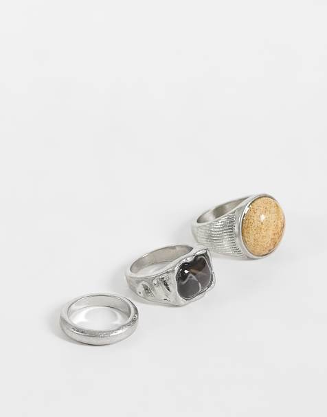 Reclaimed Vintage - pack de tres anillos unisex en plata envejecida con piedras en tonos neutros - view 1