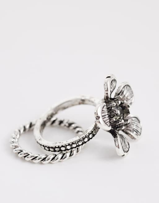Reclaimed Vintage - Pakke med 2 boho-ringe med blomstermønster i poleret sølvfarve, 3 af 3