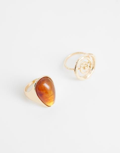 Reclaimed Vintage - Pakke med guldfarvede ringe med stor smykkesten - view 1