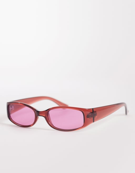 Reclaimed Vintage – Panorama-Sonnenbrille mit schmalem, eckigem Gestell in Rot