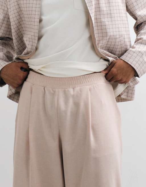 Reclaimed Vintage - pantalón de lino beige con cintura elástica, 3 de 5