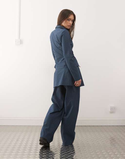 Reclaimed Vintage - Pantalon jupe d'ensemble à fines rayures - Bleu marine, 4 de 5
