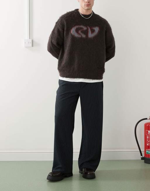 Reclaimed Vintage - Pantalon large à rayures fines - Bleu marine 