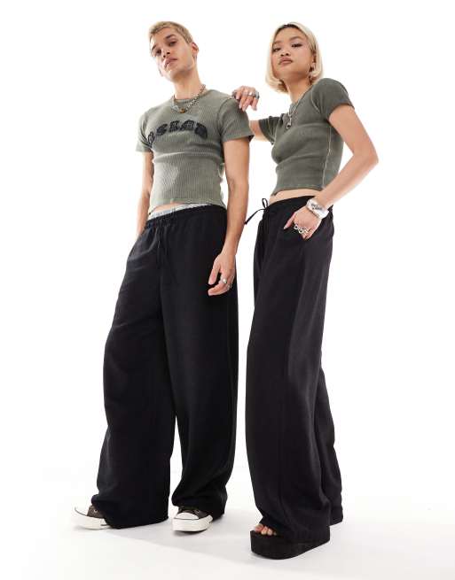 Reclaimed Vintage - Pantalon unisexe à enfiler aspect lin - Noir