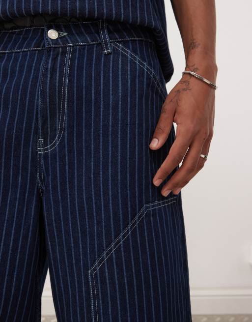 Reclaimed Vintage - Pantaloncini di jeans blu gessati in coordinato, 5 di 5
