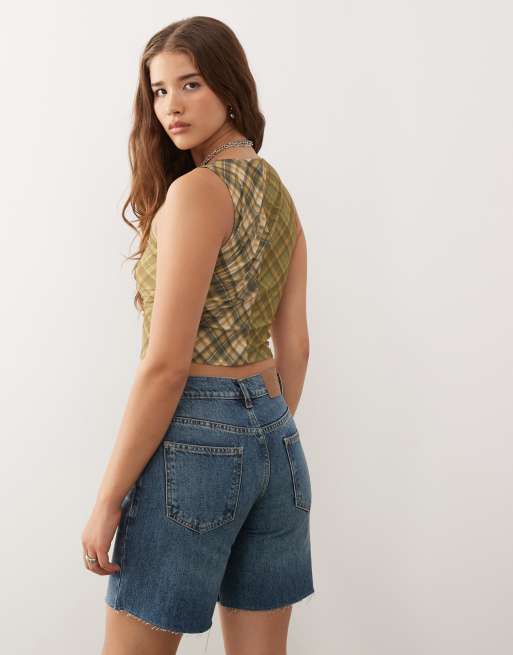 Reclaimed Vintage - Pantaloncini di jeans dad fit svasati lavaggio blu, 4 di 5