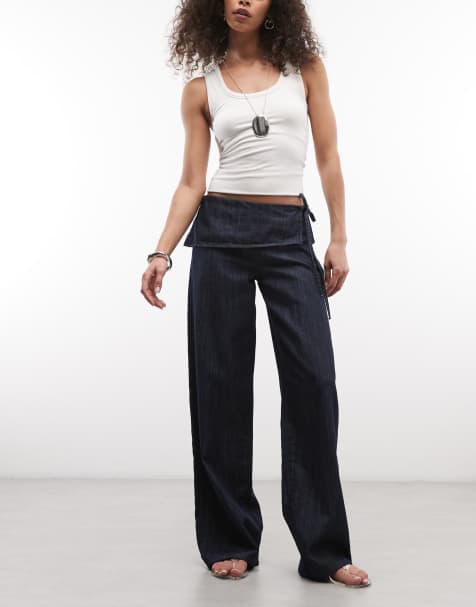 Reclaimed Vintage - Pantalones azul añil de cambray con detalle de lazada - view 1