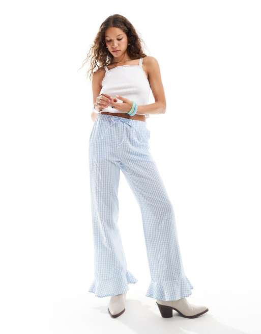 Reclaimed Vintage - Pantaloni blu a quadretti con volant