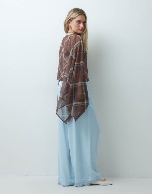 Reclaimed Vintage pantaloni in satin con bordo in pizzo blu, 4 di 5