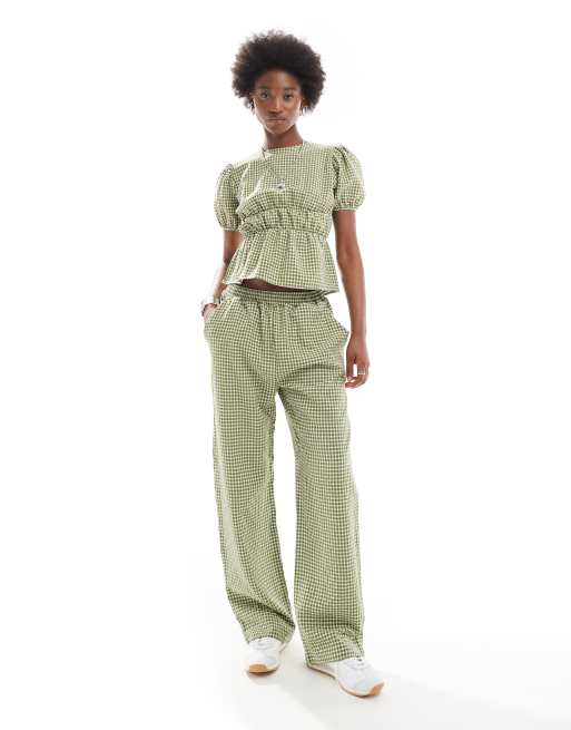 Green and white checkered pants online