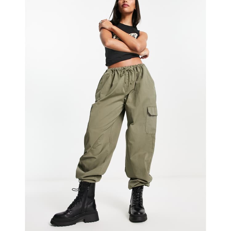 YOURS Curve Plus Size Dark Green Cuffed Cargo Parachute Trousers