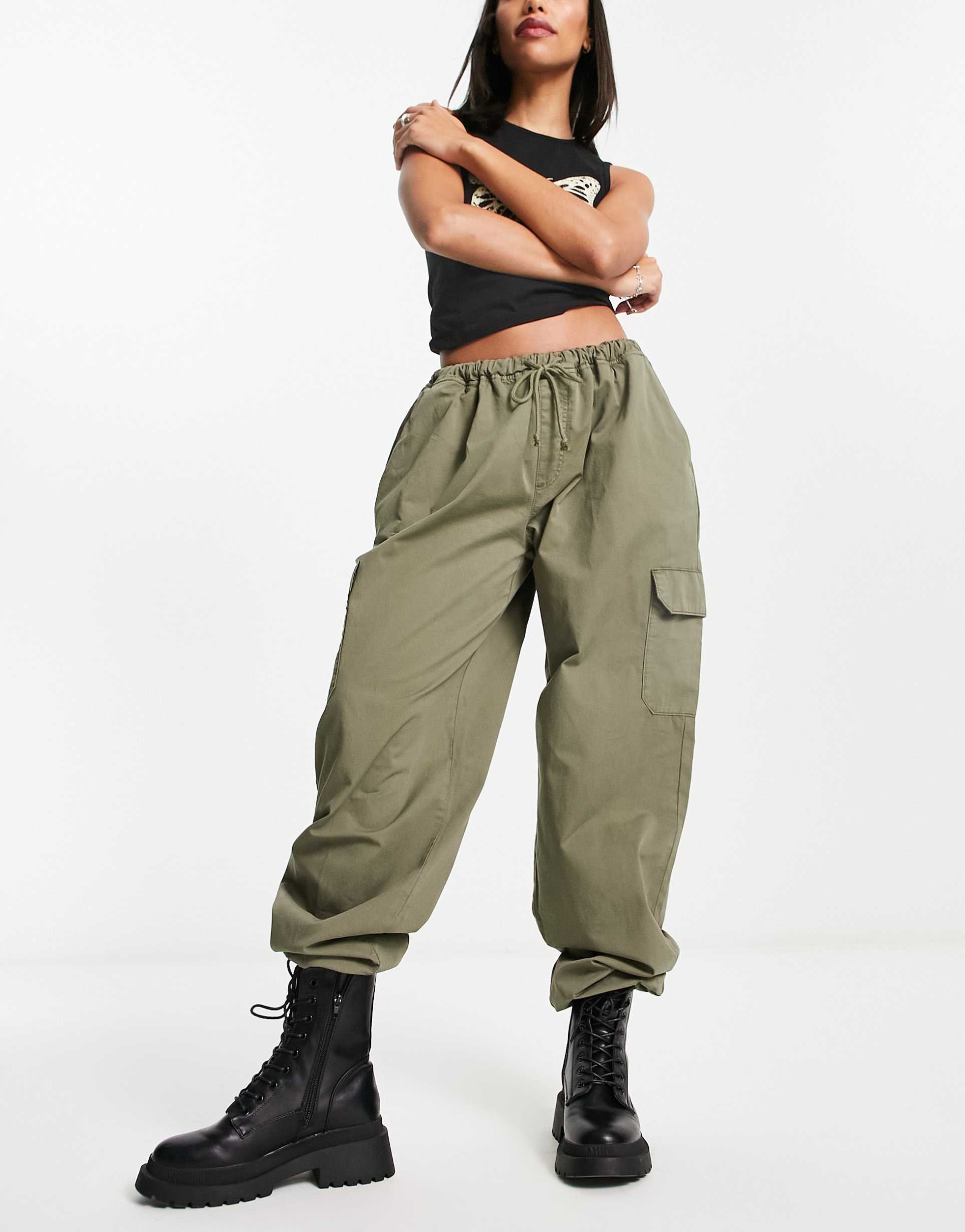 Reclaimed Vintage parachute cargo trousers in khaki view 2