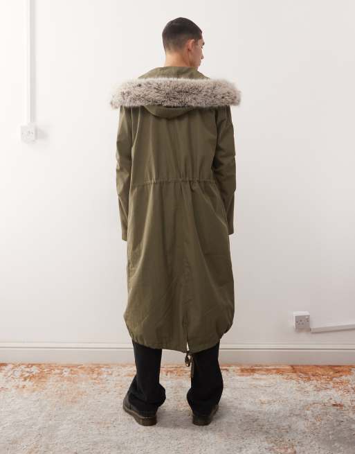 Reclaimed Vintage - Parka taglio lungo kaki con cappuccio in pelliccia sintetica, 2 di 5