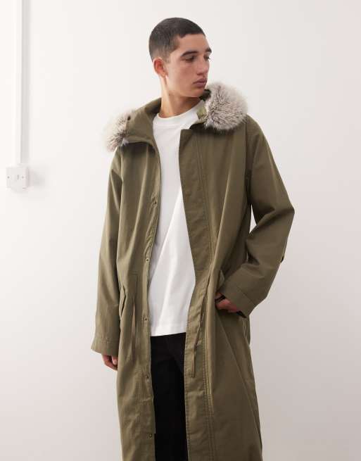 Reclaimed Vintage - Parka taglio lungo kaki con cappuccio in pelliccia sintetica, 3 di 5