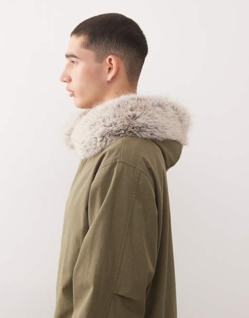 Reclaimed Vintage - Parka taglio lungo kaki con cappuccio in pelliccia sintetica, 5 di 5