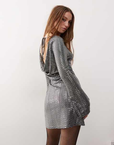 Reclaimed Vintage party sequin mini dress with cowl back in silver - view 1