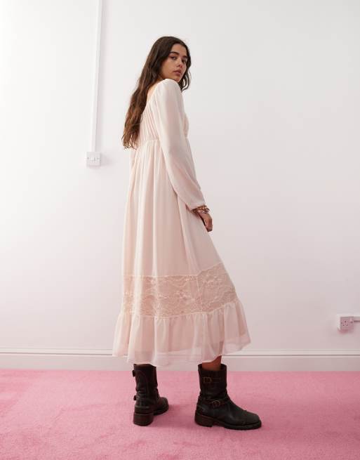 Reclaimed Vintage - Pastellyserød boho-maxikjole med flæser , 3 af 4