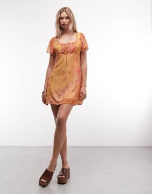 Reclaimed Vintage Patchwork Print Chiffon Mini Dress In Orange