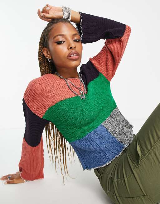 Reclaimed Vintage – Patchworkowy sweter o krótkim fasonie