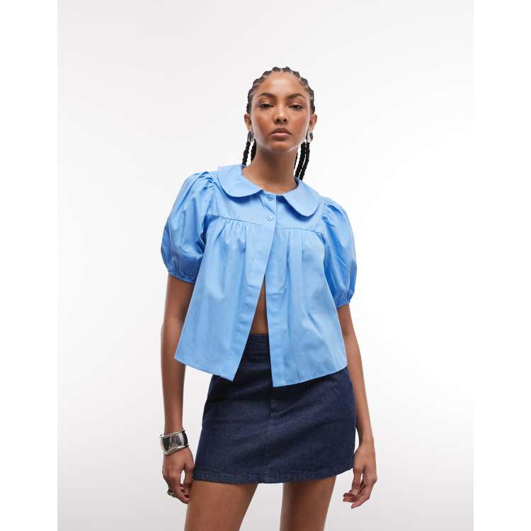 ♡　bibiy CORA PUFF BLOUSE blue Reclaimed Vintage peacoat style baby doll blouse with puff sleeves